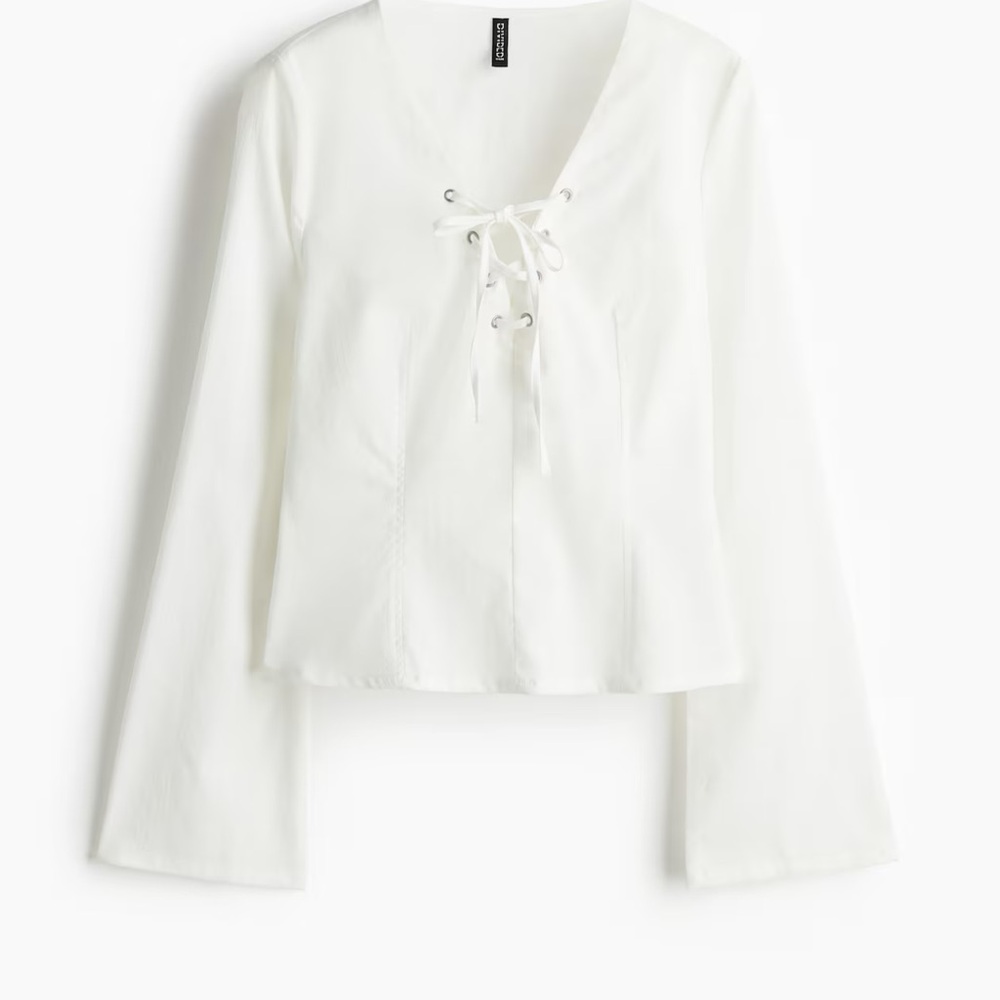 H&M White Bell Sleeve Tie Front Blouse